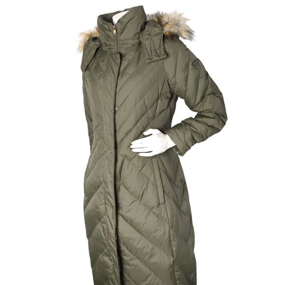 Larry Levine Long Midi Down Filled Parka Coat Faux Fur Hood Olive Green Quilted - Picture 9 of 15